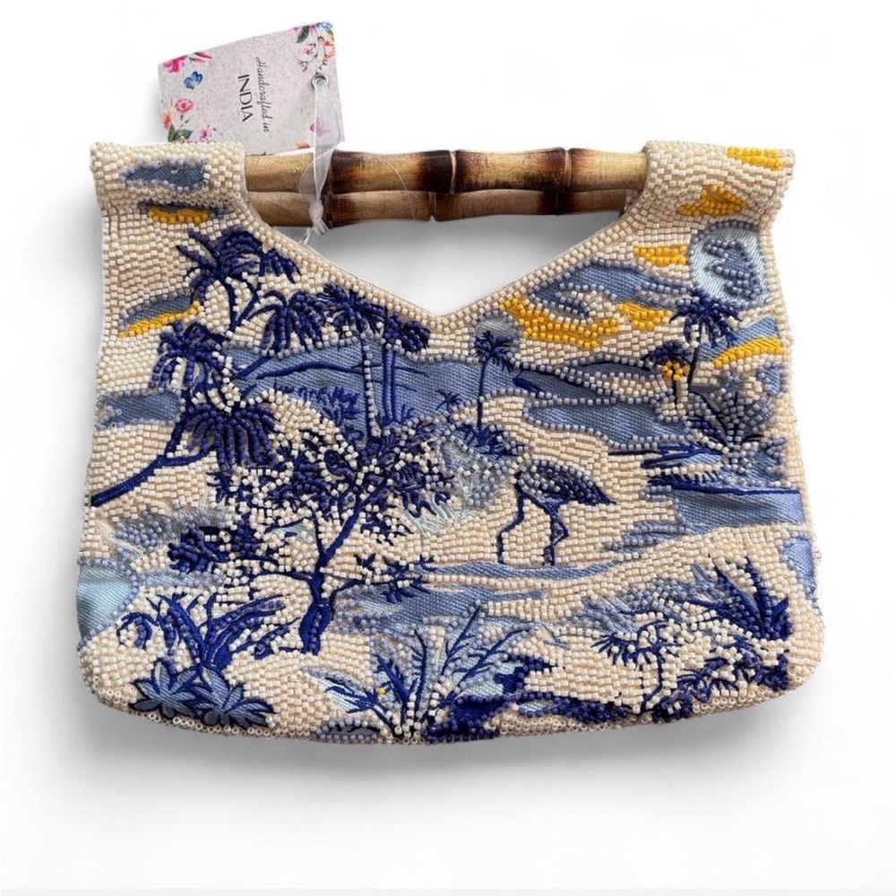 Handcrafted in India Beaded Blue Heron Meadow Bamboo Clutch Bag Purse